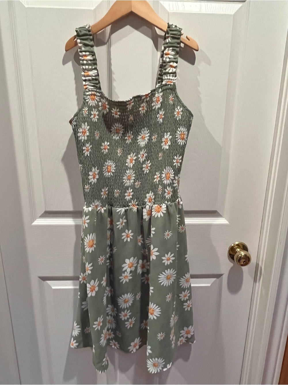 Women’s Olive Green Daisy Smocked Sundress with Ruffle Straps